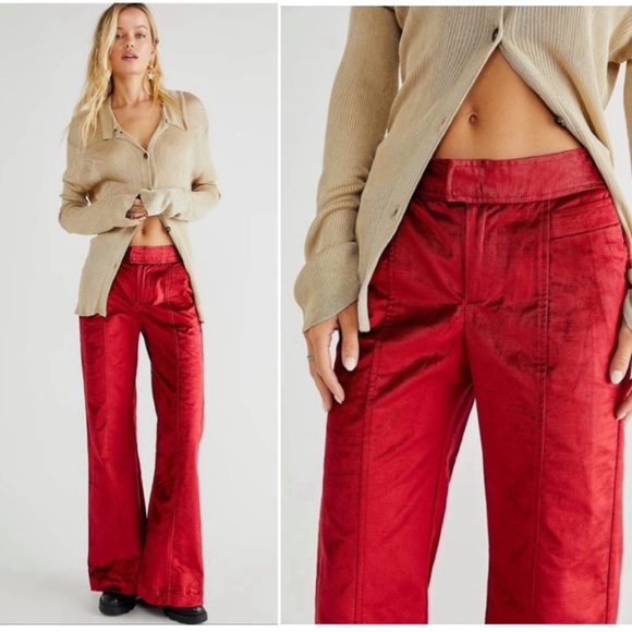 Free People Walk With You Velvet High Rise Trousers in Cherry Juice Size 14 - Picture 11 of 14